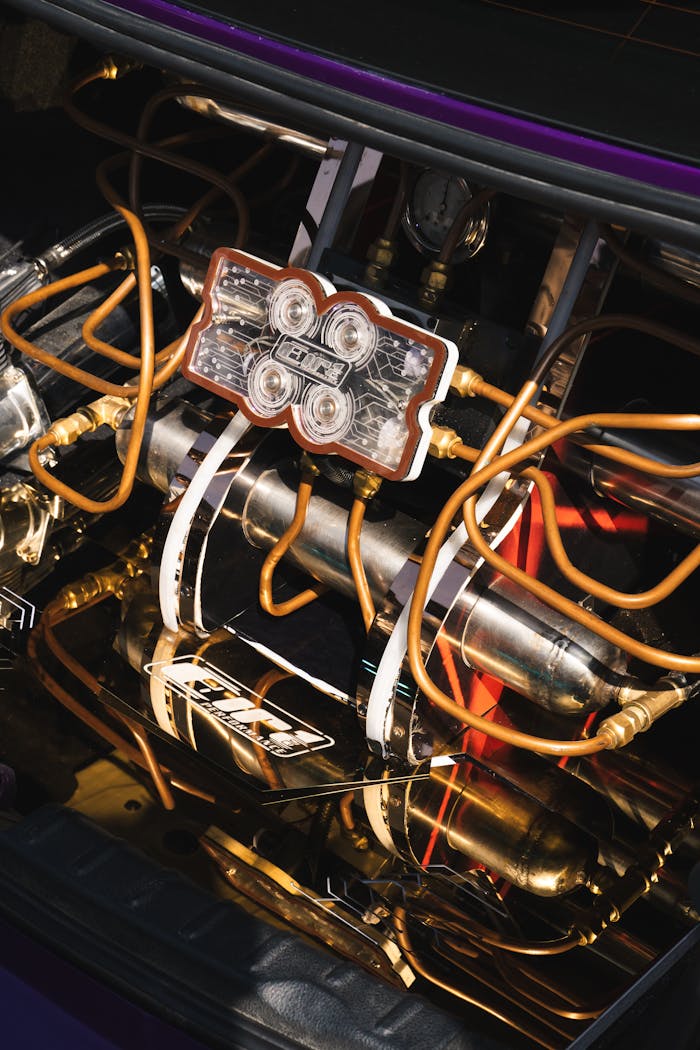 Close-up view of a sleek car engine with complex tubing and wiring, showcasing automotive craftsmanship.