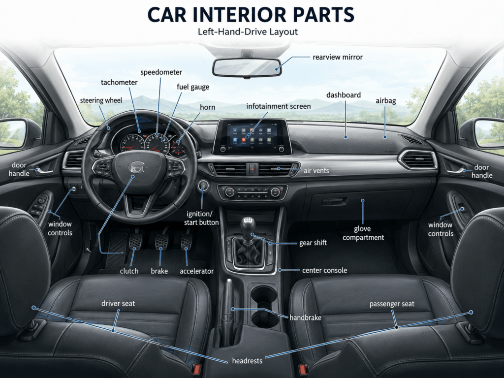 Basic car interior parts diagram showing steering wheel, airbags, pedals, seat belt, speedometer, mirrors, air vents, audio system and gear shift