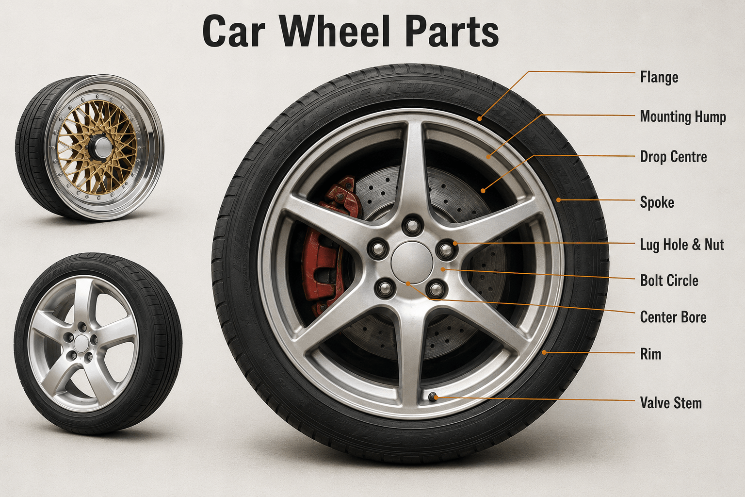 Basic car wheel parts diagram showing rim, spoke, valve stem, lug hole, lug nut, bolt circle, center bore, flange, mounting hump and drop centre