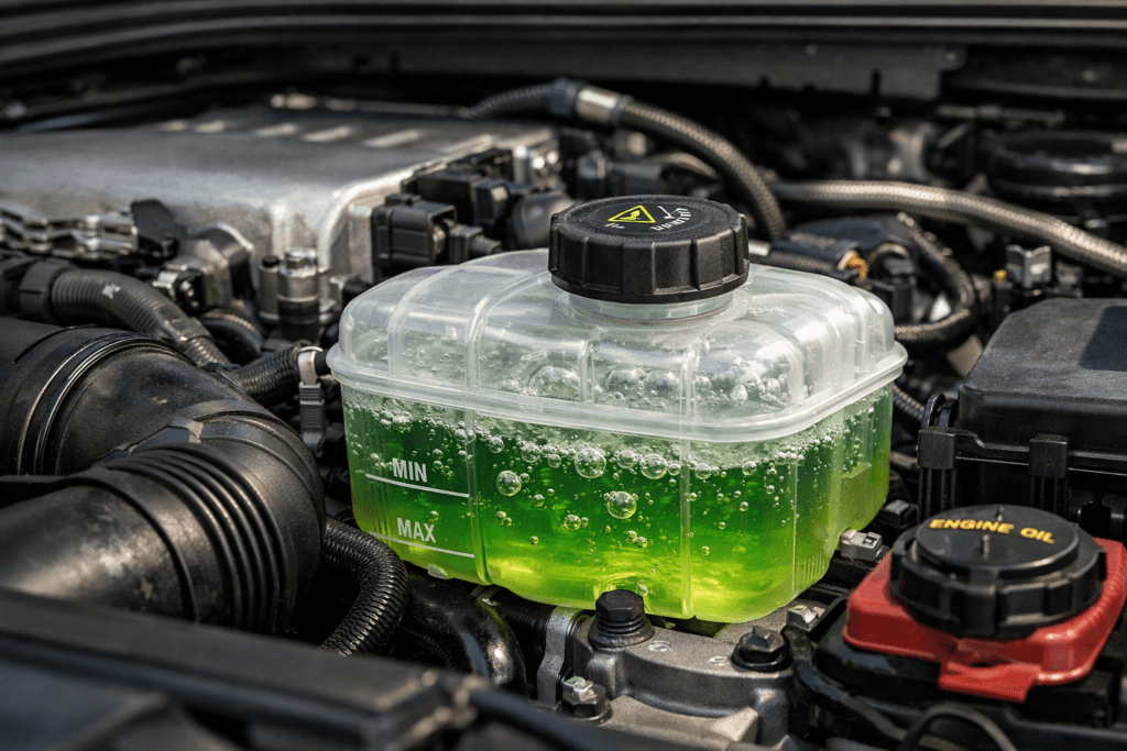 real coolant reservoir with visible bubbles inside coolant tank in car engine bay