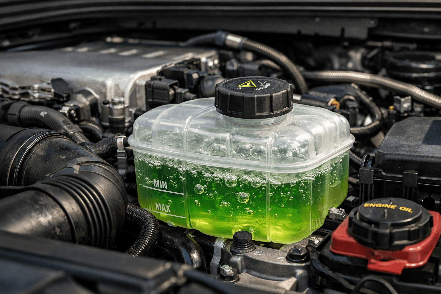 real coolant reservoir with visible bubbles inside coolant tank in car engine bay