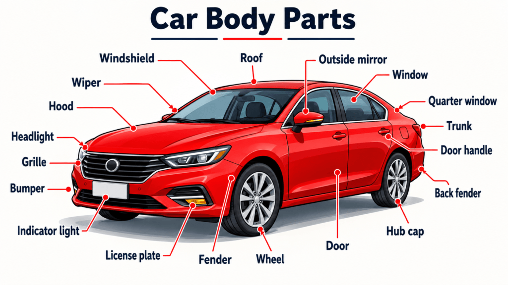 Car basic body parts diagram showing windshield, hood, headlights, grille, bumper, fender, wheel, door, window, mirror, roof, trunk and rear fender