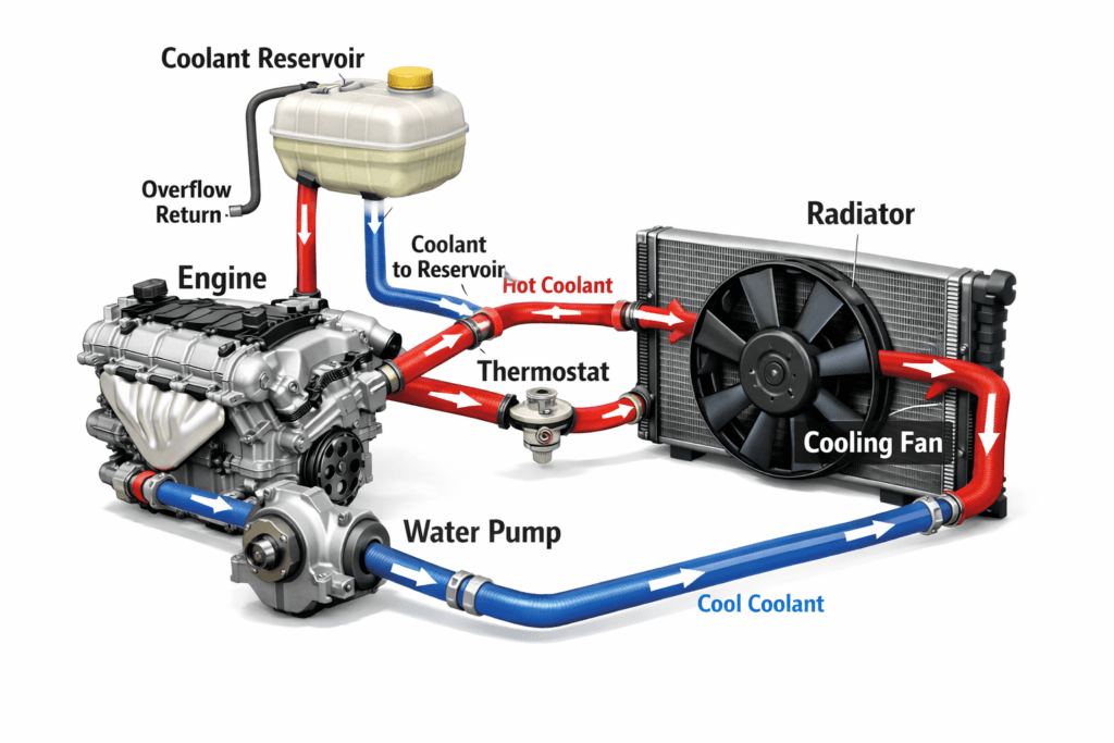 Car engine cooling system diagram showing radiator, water pump, thermostat and coolant flow