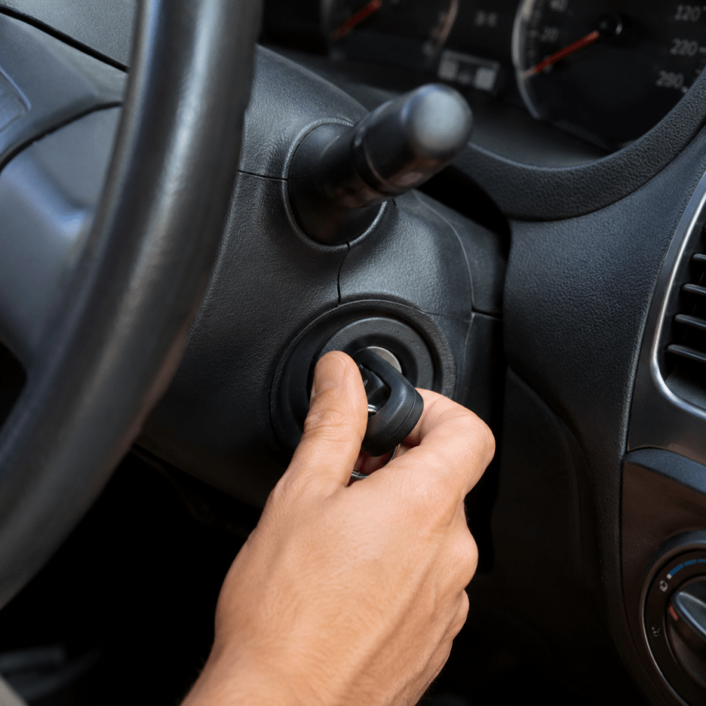 Hand trying to remove a car key stuck in ignition cylinder with steering wheel visible in background