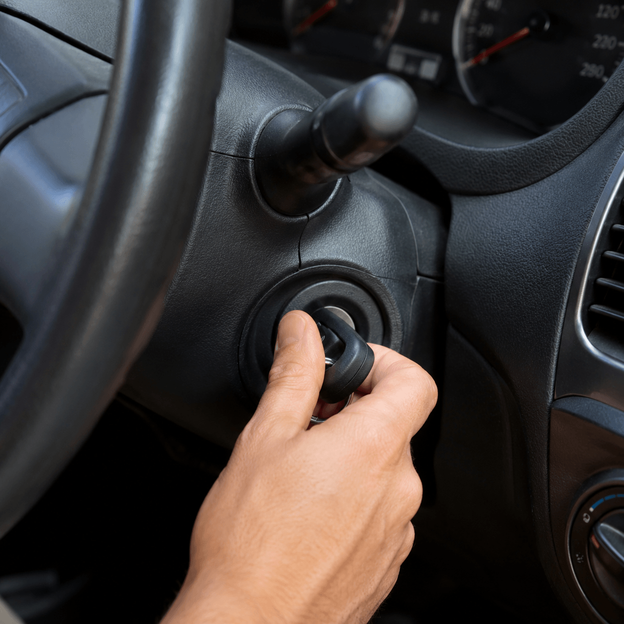 Hand trying to remove a car key stuck in ignition cylinder with steering wheel visible in background
