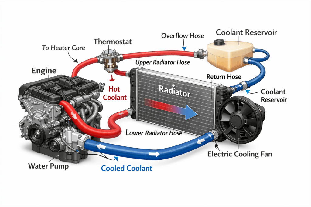 car coolant system diagram showing engine radiator thermostat water pump and coolant reservoir