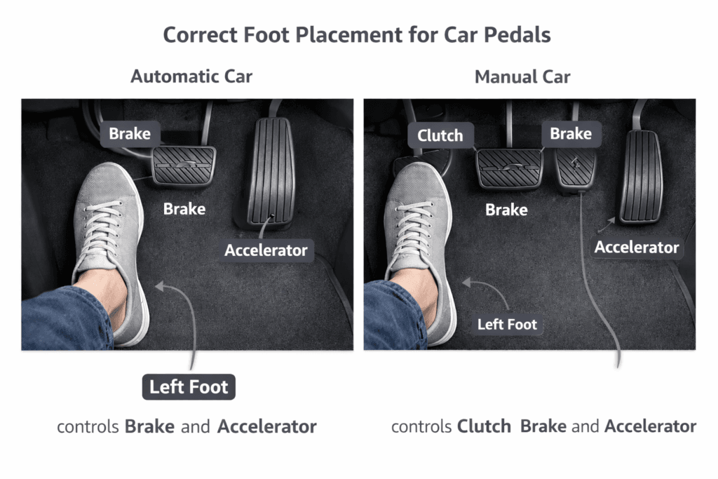 correct foot placement for car pedals in automatic and manual cars showing clutch brake and accelerator positions