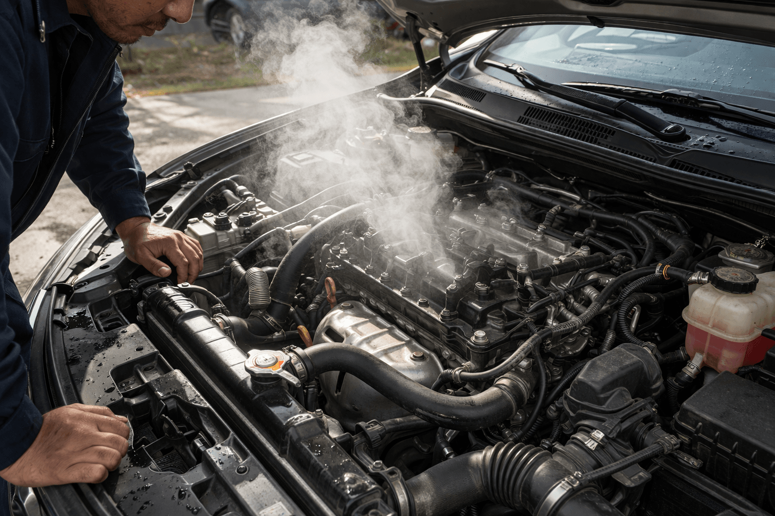 Mechanic checking a car engine with steam coming out due to overheating