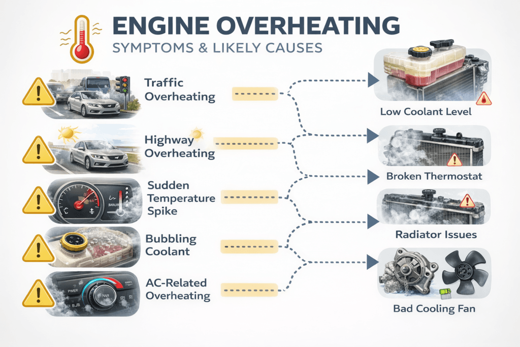 Engine overheating symptoms and causes infographic showing traffic overheating, sudden temperature spike and cooling system issues