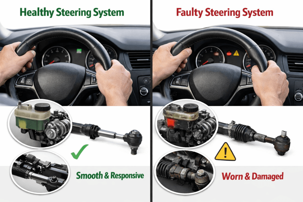 healthy vs faulty steering system comparison showing worn components that cause noise when turning steering wheel while stationary