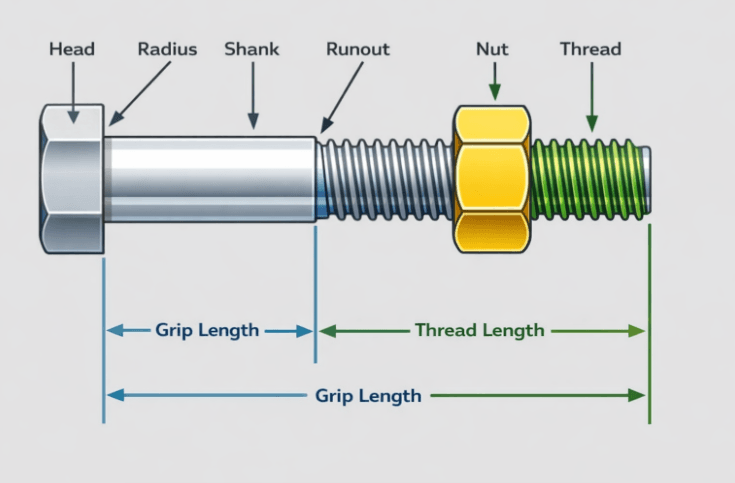 labeled bolt diagram showing head radius shank runout nut thread grip length and thread length
