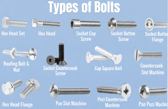 types of bolts chart showing hex head socket cap screw button screw countersunk and flange bolts