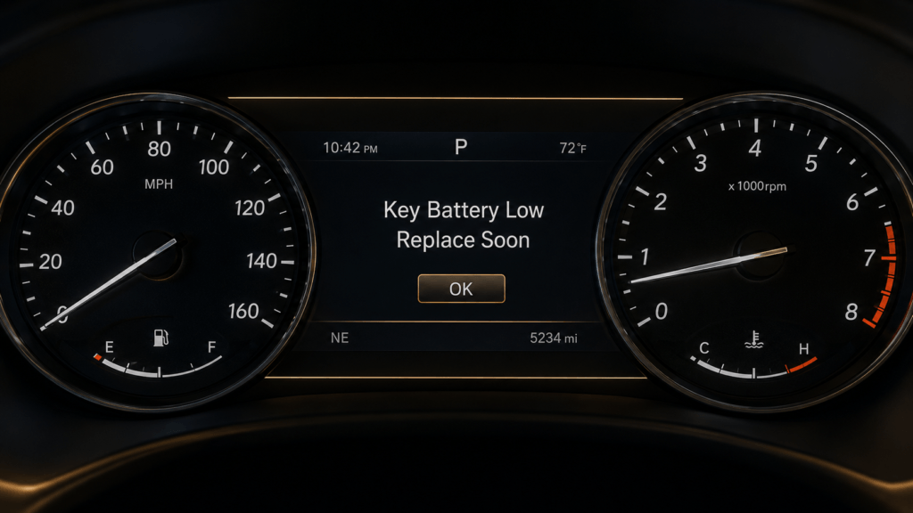Keyless remote battery low warning message displayed on a modern car dashboard screen
