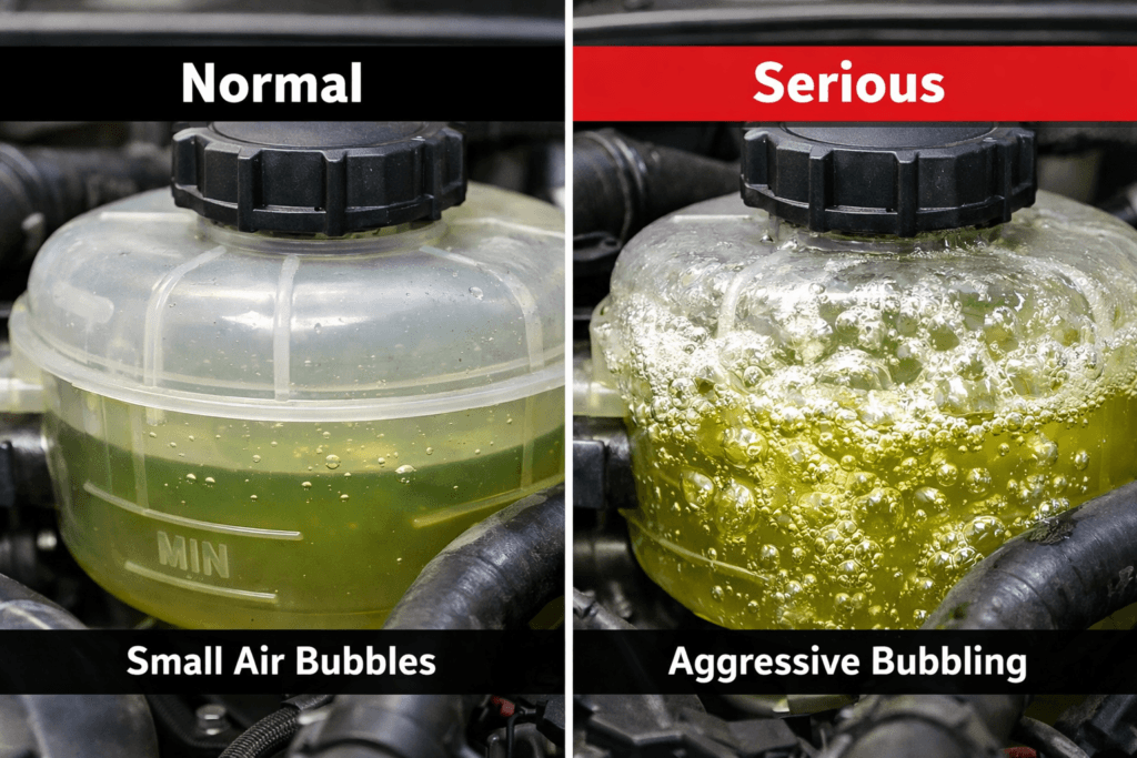 normal vs serious bubbling in coolant reservoir comparison image