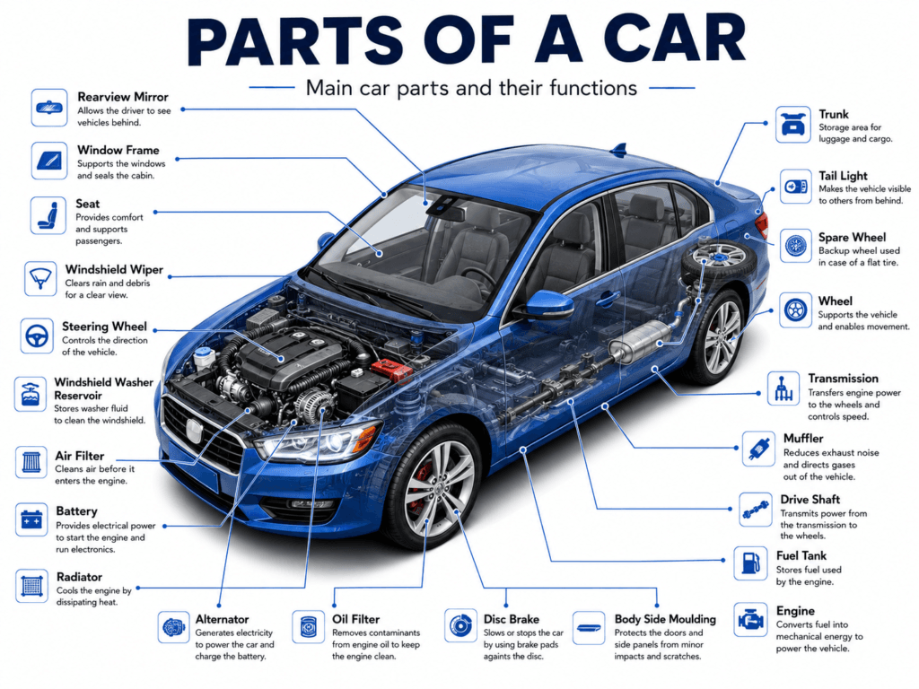 Parts of a car diagram showing engine, battery, radiator, brakes, transmission, wheels and interior car parts with their functions