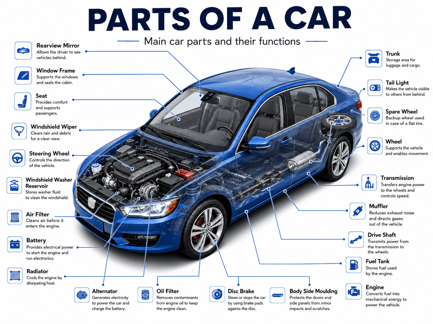 Parts of a car diagram showing engine, battery, radiator, brakes, transmission, wheels and interior car parts with their functions