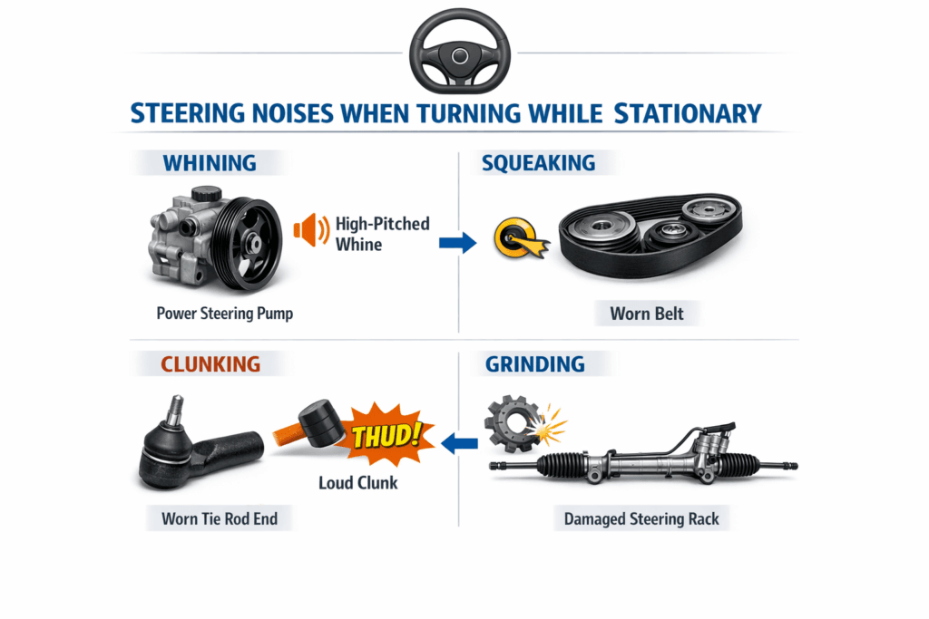 types of steering noise when turning wheel while stationary including whining squeaking clunking and grinding with causes