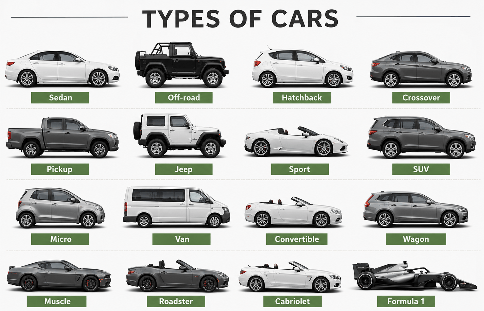 Types of cars diagram showing sedan, SUV, hatchback, crossover, pickup, van, convertible, wagon, roadster, muscle car and Formula 1 car