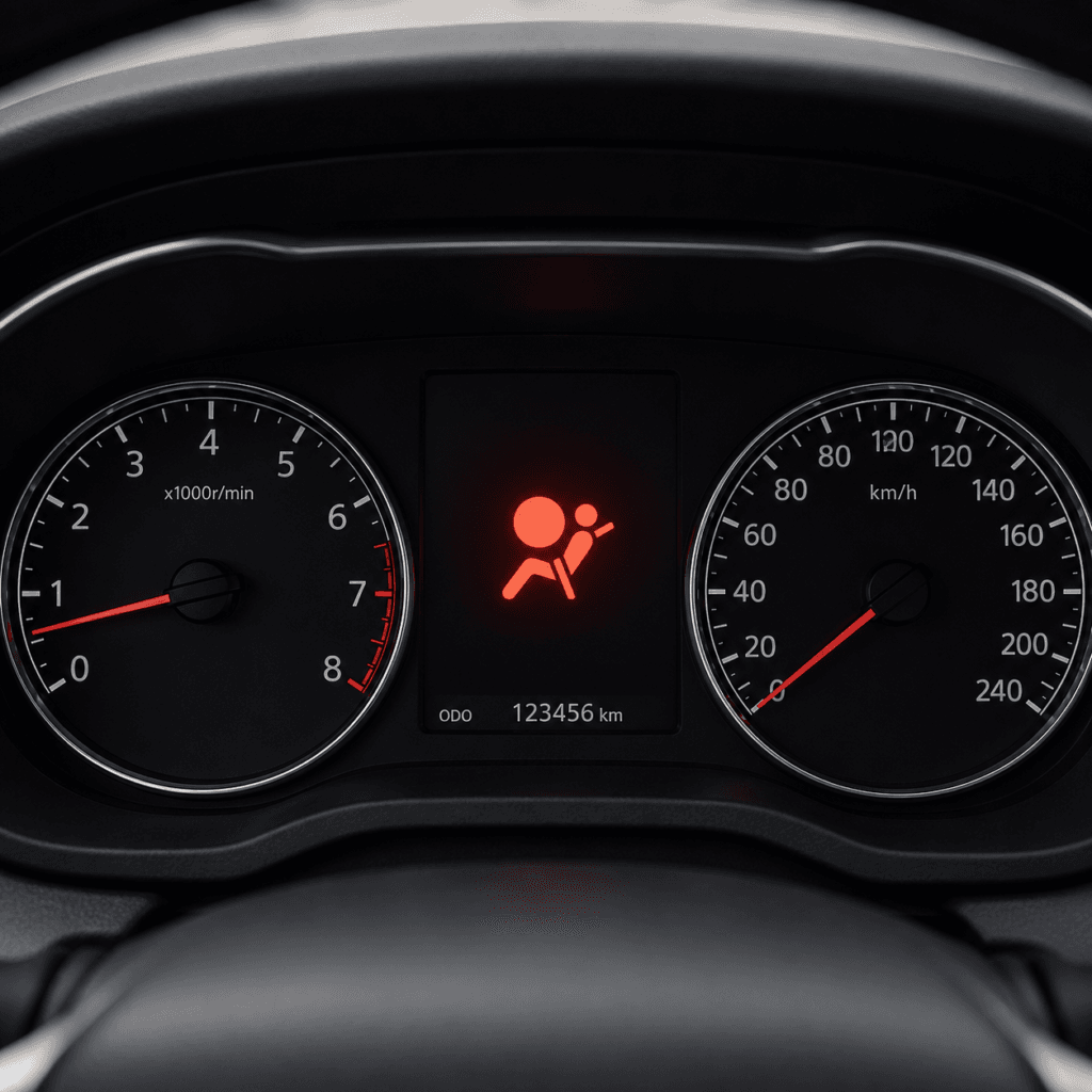 Airbag warning light illuminated on car dashboard meter showing SRS airbag symbol
