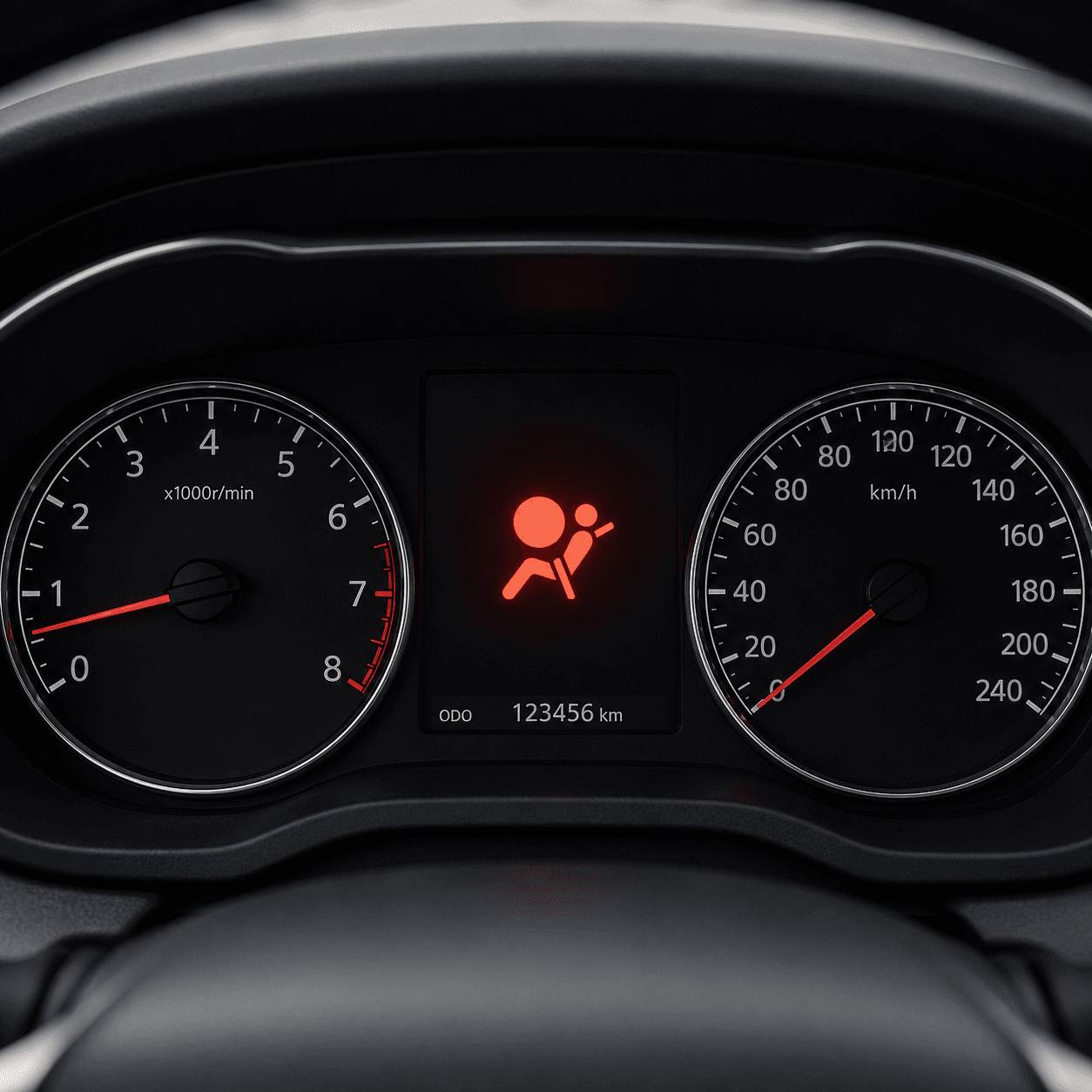 Airbag light illuminated on car dashboard meter showing SRS airbag symbol