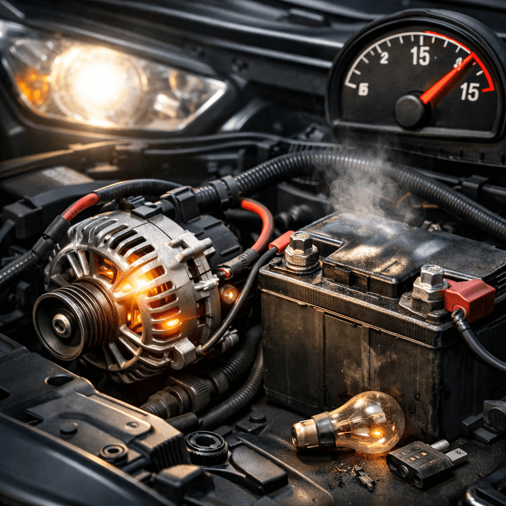 Realistic car engine bay showing alternator overcharging with high voltage causing battery overheating and electrical damage