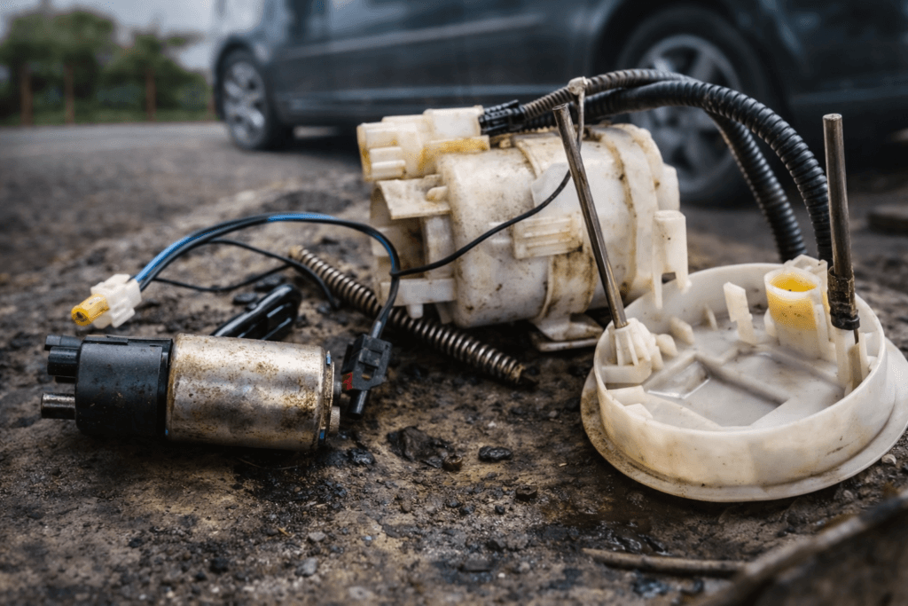 Bad fuel pump symptoms shown with faulty fuel pump parts removed from a car