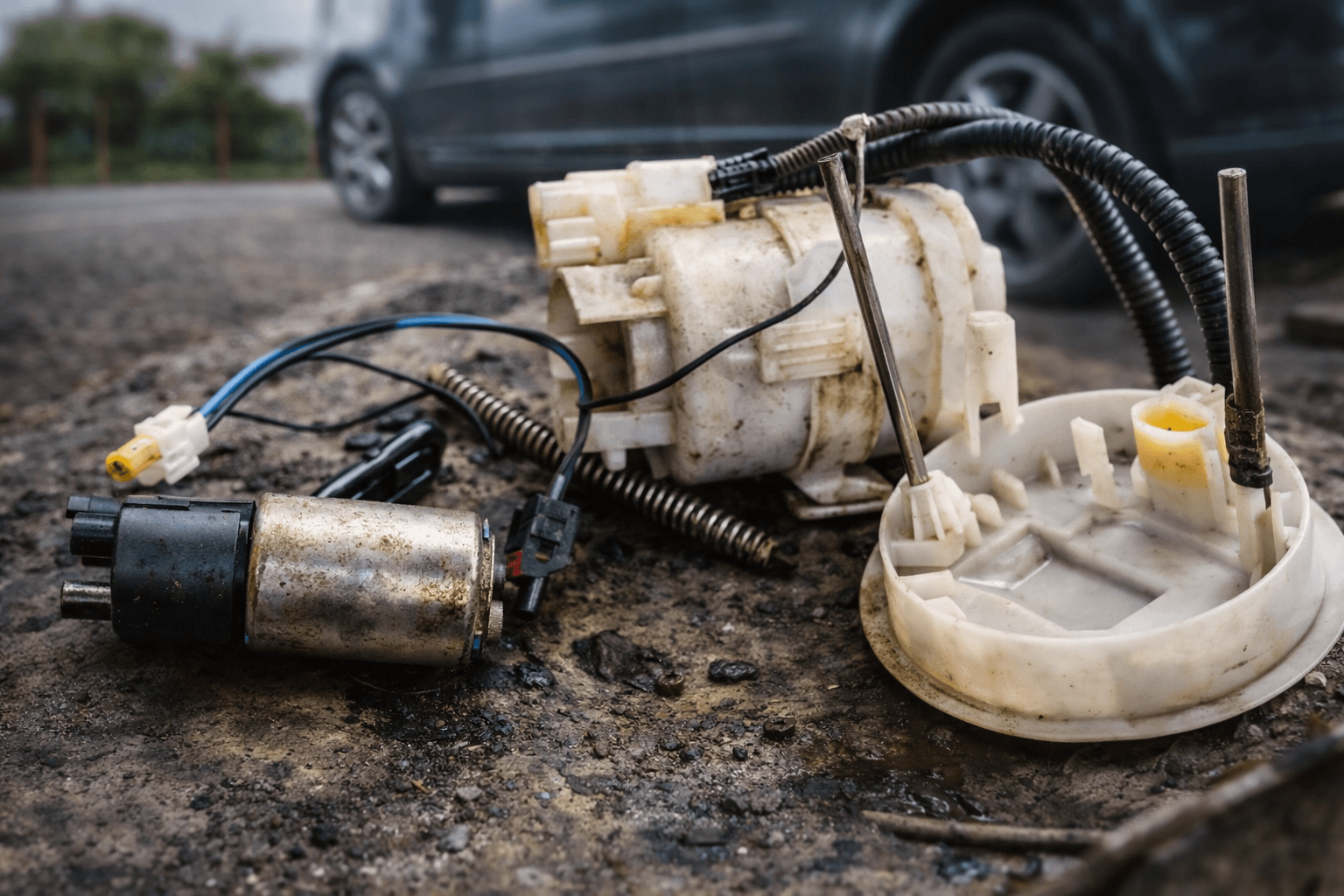 Bad fuel pump symptoms shown with faulty fuel pump parts removed from a car