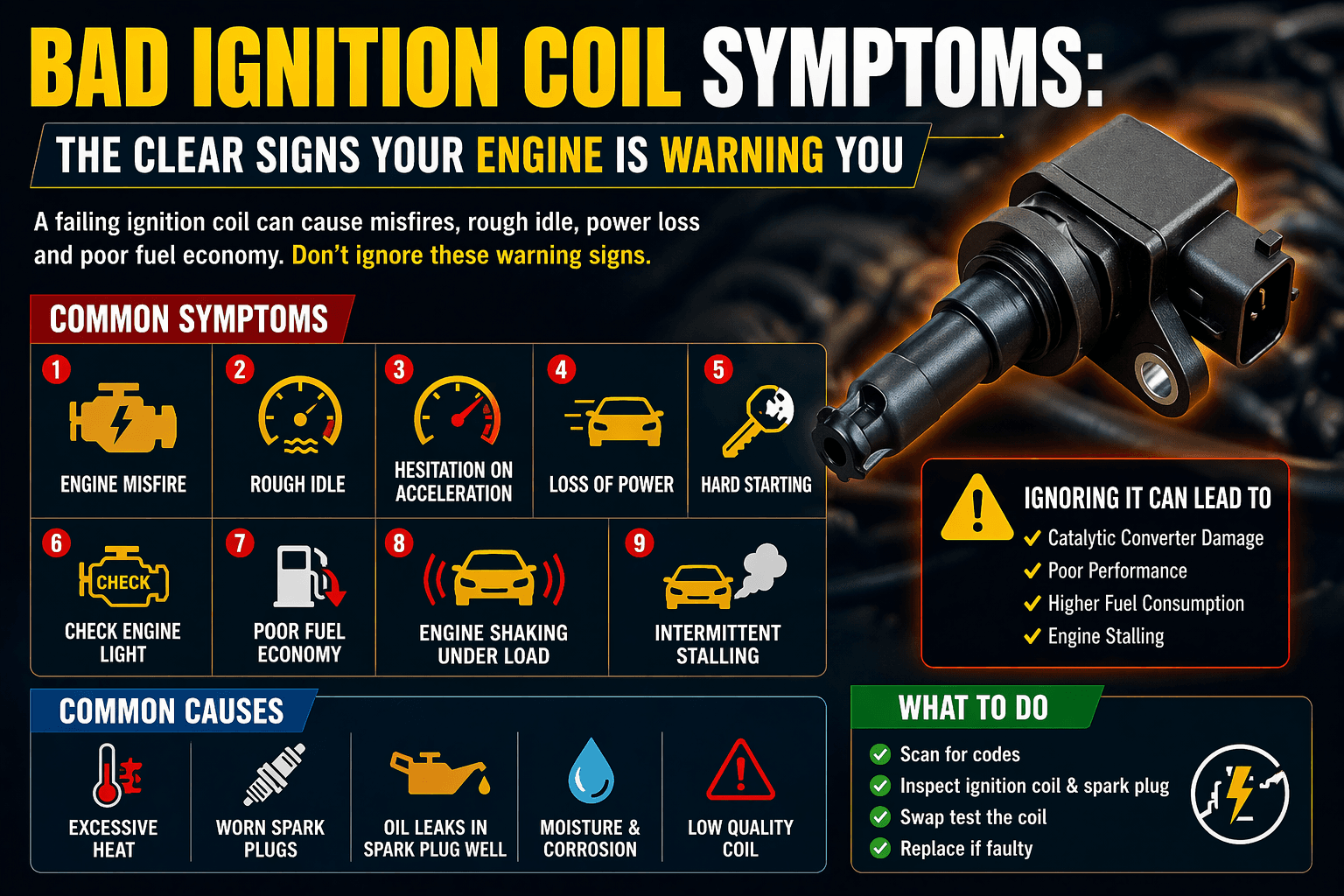 bad ignition coil symptoms infographic showing misfire rough idle power loss hard starting and check engine light