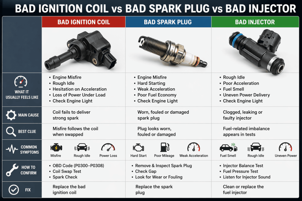 bad ignition coil vs bad spark plug vs bad injector symptoms comparison chart showing misfire rough idle power loss and diagnostic differences