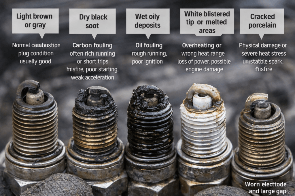 bad spark plug symptoms showing normal combustion carbon fouling oil fouling overheating cracked porcelain and worn electrode