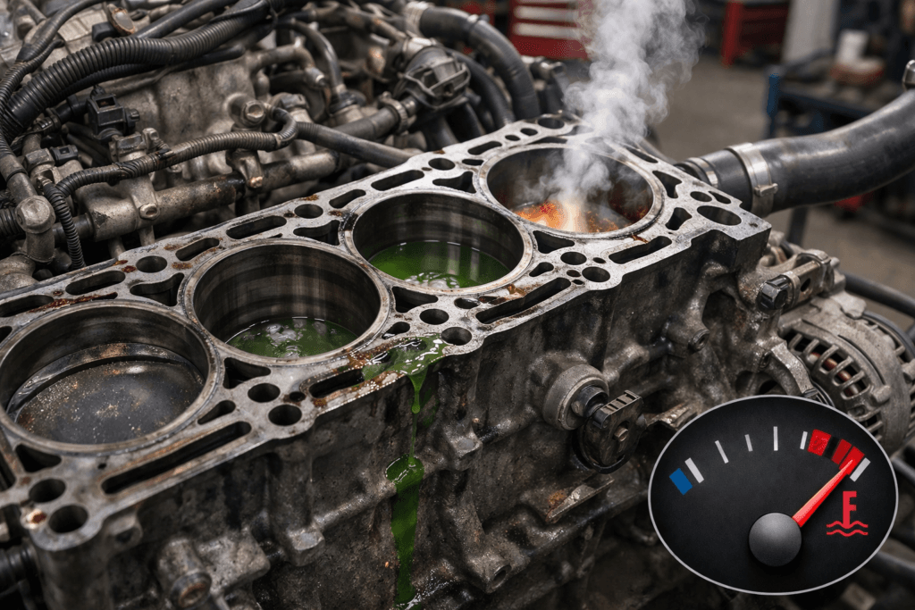 Blown head gasket symptoms showing overheating white smoke coolant loss and oil in engine