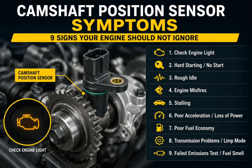 Camshaft position sensor symptoms infographic showing warning signs like check engine light hard starting rough idle and stalling