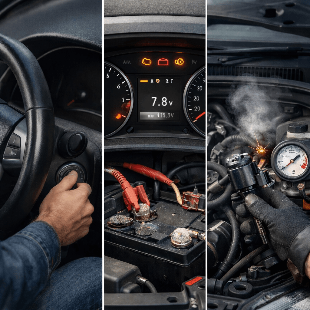 Car not starting diagnostic image showing no-crank, weak battery, and crank-but-no-start situations
