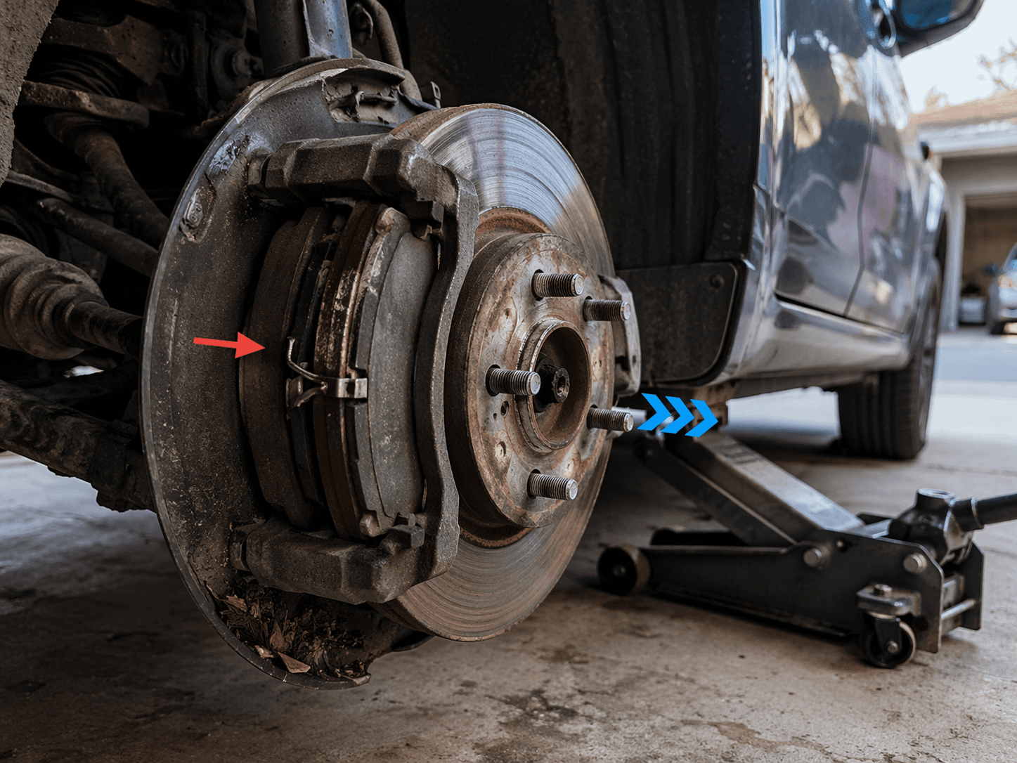 car squeaks when reversing brake pad touching rotor with rust and debris close view