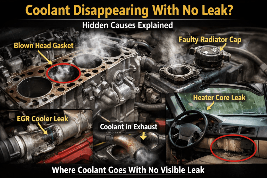 Coolant is disappearing with no leak showing hidden causes like blown head gasket, faulty radiator cap, EGR cooler leak, and heater core leak