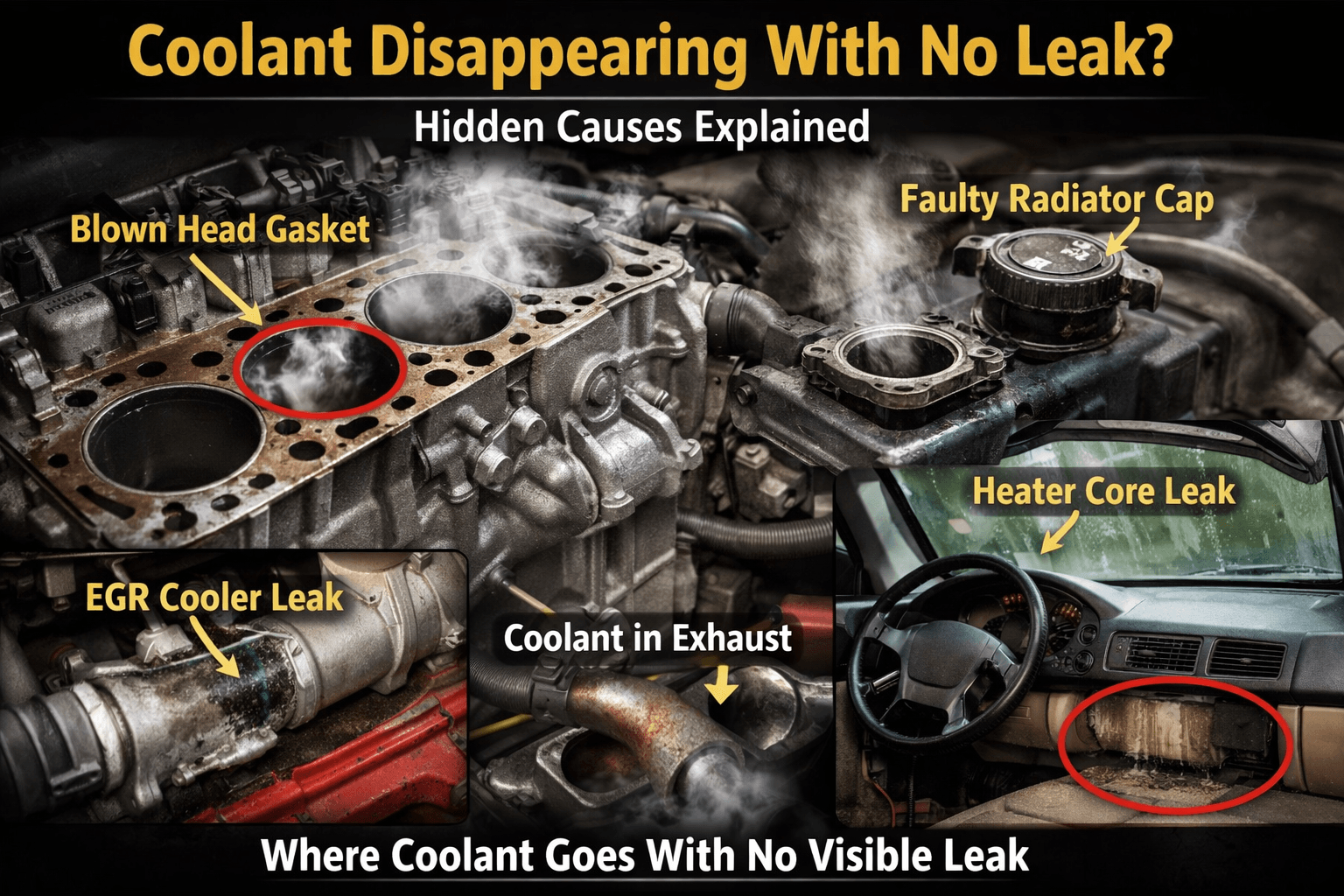 Coolant is disappearing with no leak showing hidden causes like blown head gasket, faulty radiator cap, EGR cooler leak, and heater core leak