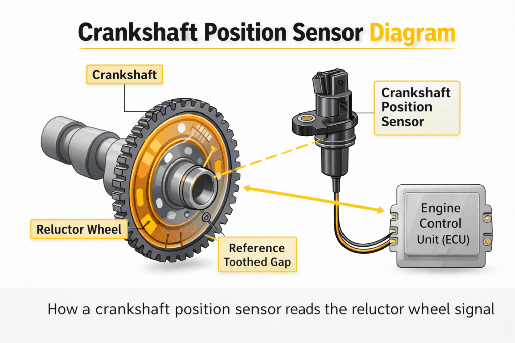 crankshaft position sensor diagram showing reluctor wheel and sensor signal to engine control unit
