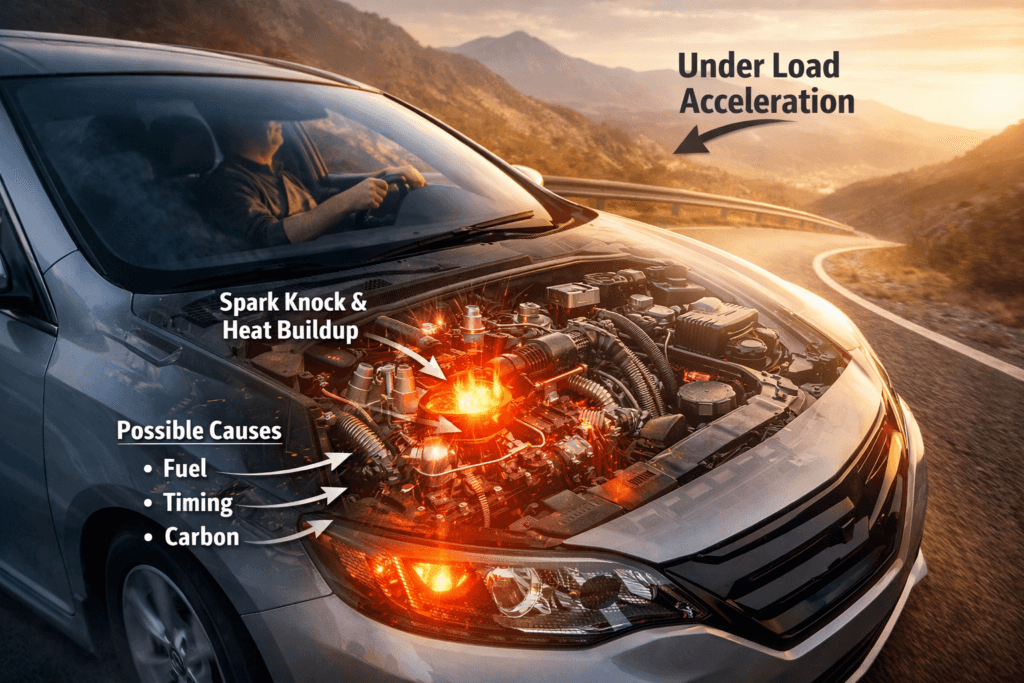 engine knocking when accelerating under load shown with engine heat buildup and spark knock inside combustion chamber