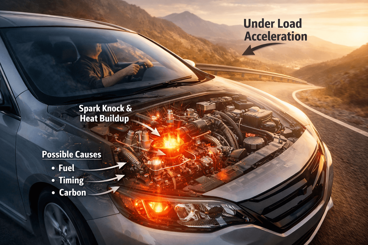 engine knocking when accelerating under load shown with engine heat buildup and spark knock inside combustion chamber