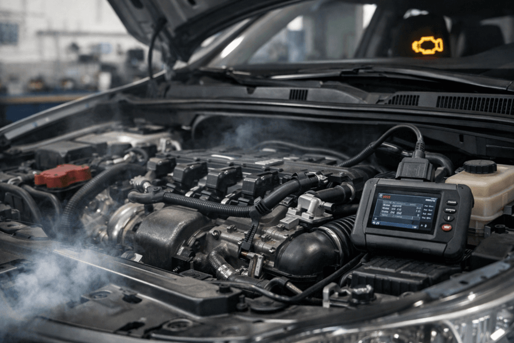 Engine bay showing engine misfire symptoms with OBD scanner connected and check engine light on