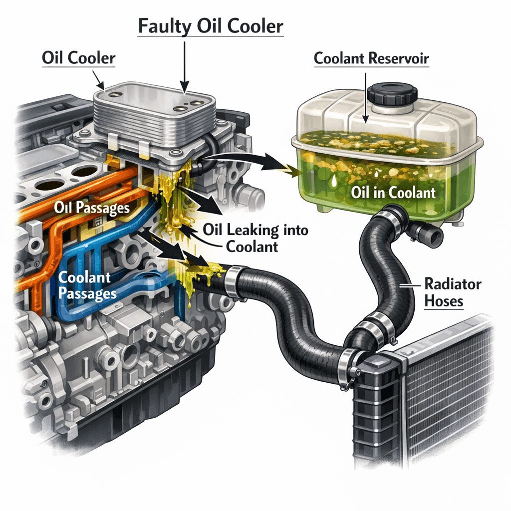 faulty oil cooler causing oil in coolant reservoir