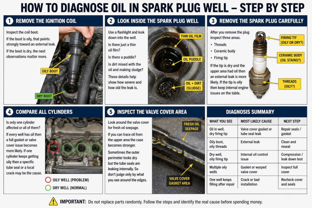 how to diagnose oil in spark plug well step by step showing ignition coil inspection spark plug well check spark plug analysis and valve cover leak inspection
