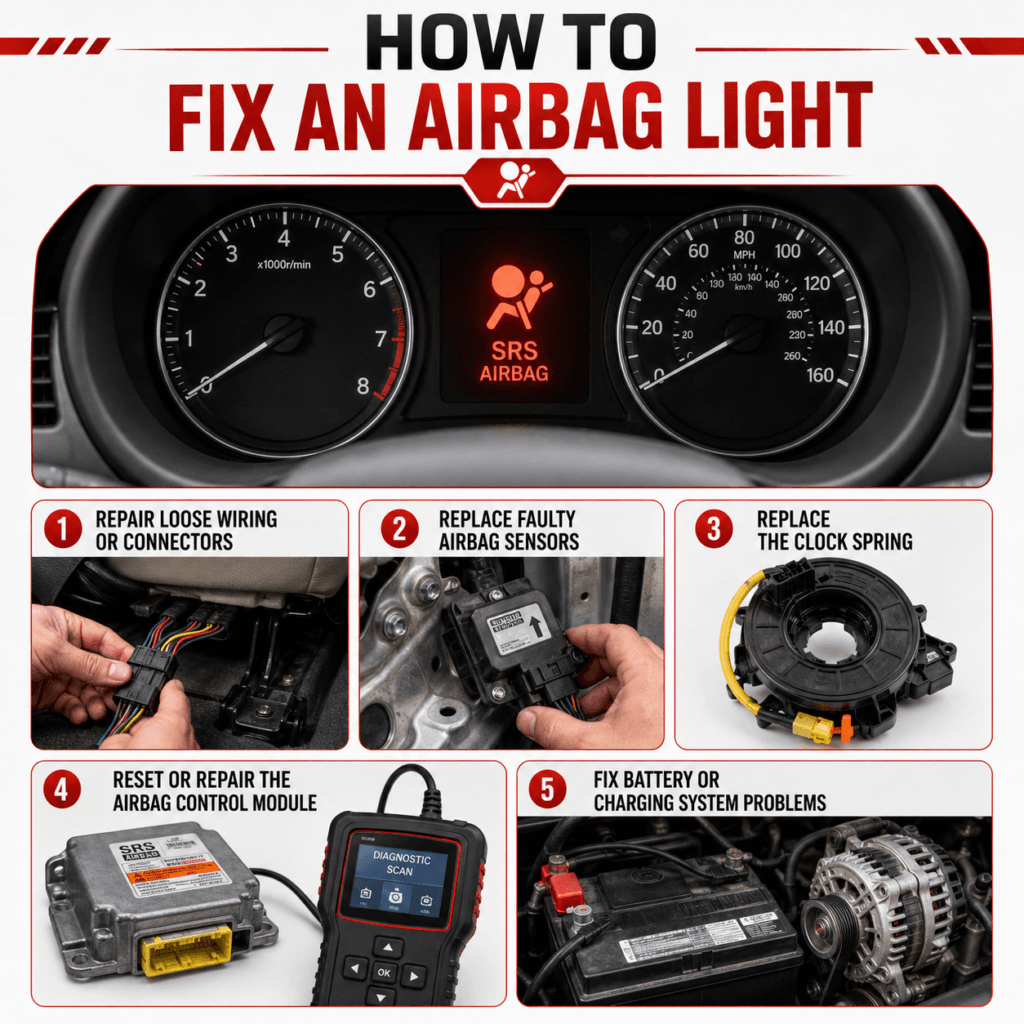 How to fix an airbag light with SRS warning on dashboard, loose wiring, faulty airbag sensors, clock spring, airbag control module, and battery charging system problems