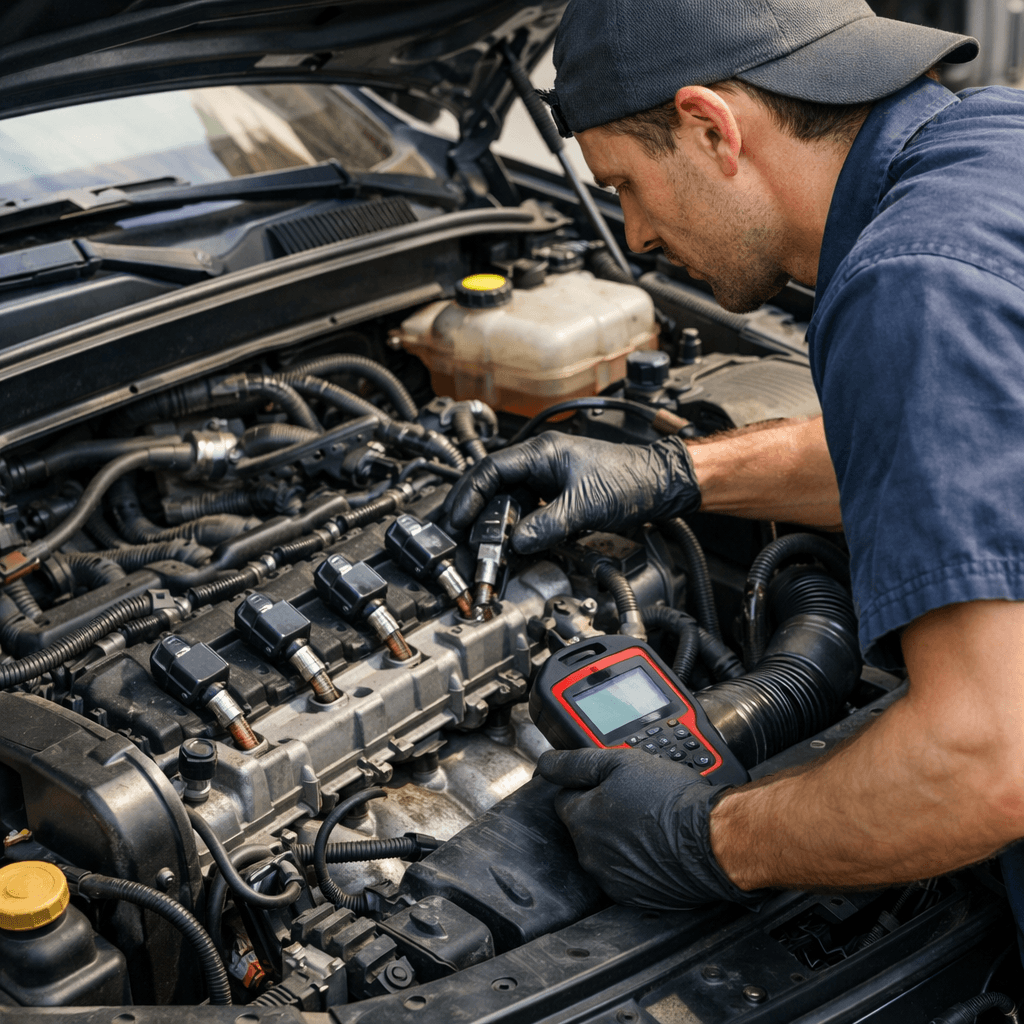 mechanic diagnosing engine misfire with obd scanner under hood