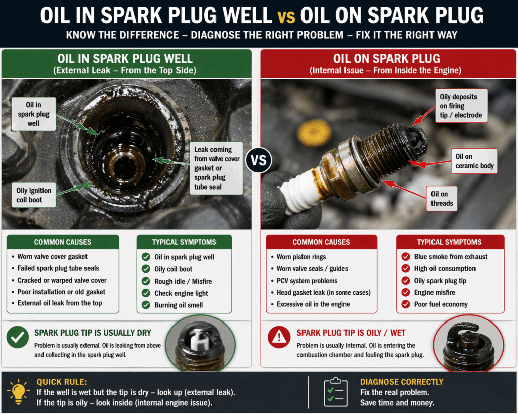 oil in spark plug well vs oil on spark plug comparison showing external leak in plug well and internal oil contamination on spark plug tip