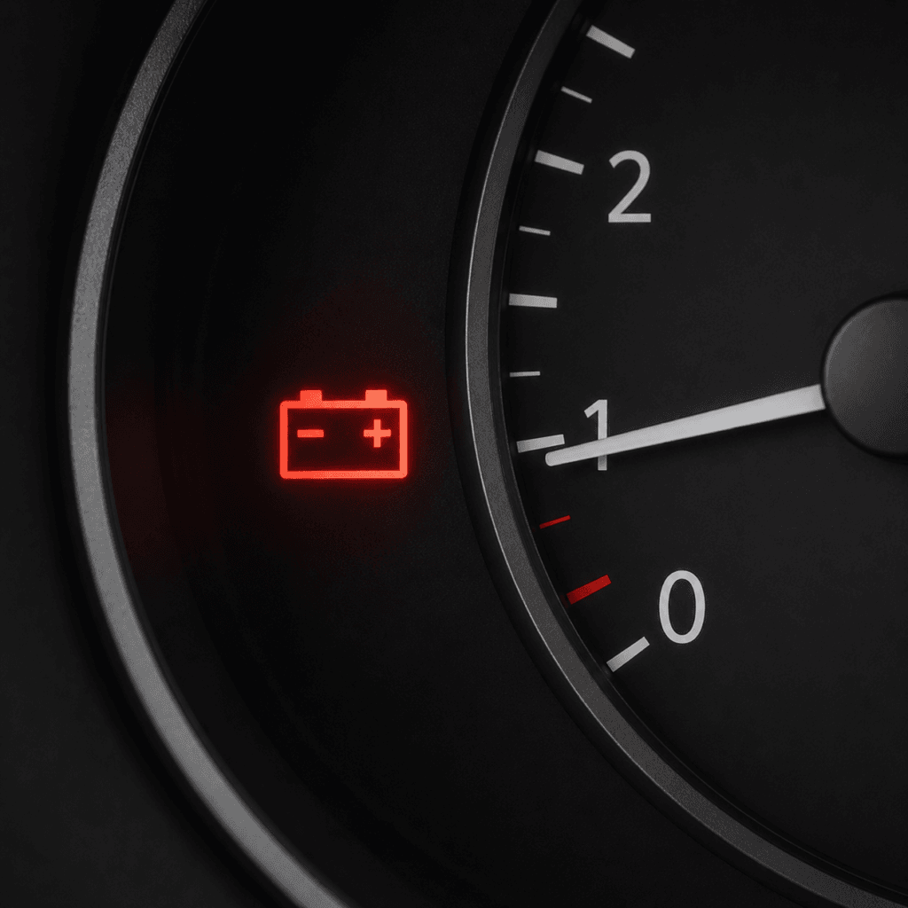 Service battery charging system warning light showing red battery icon on car dashboard meter