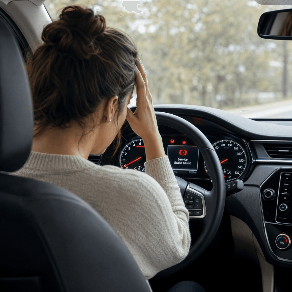 Service brake assist warning light on car dashboard