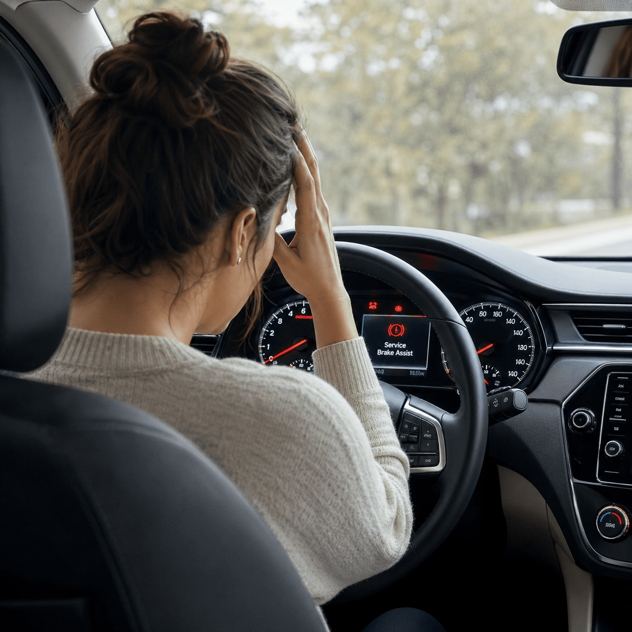 Service brake assist warning light on car dashboard