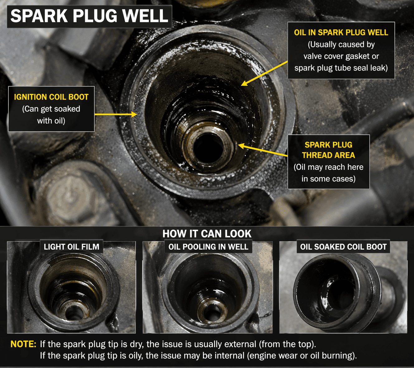 oil in spark plug well diagram showing ignition coil boot spark plug thread area and oil leak from valve cover gasket or spark plug tube seal