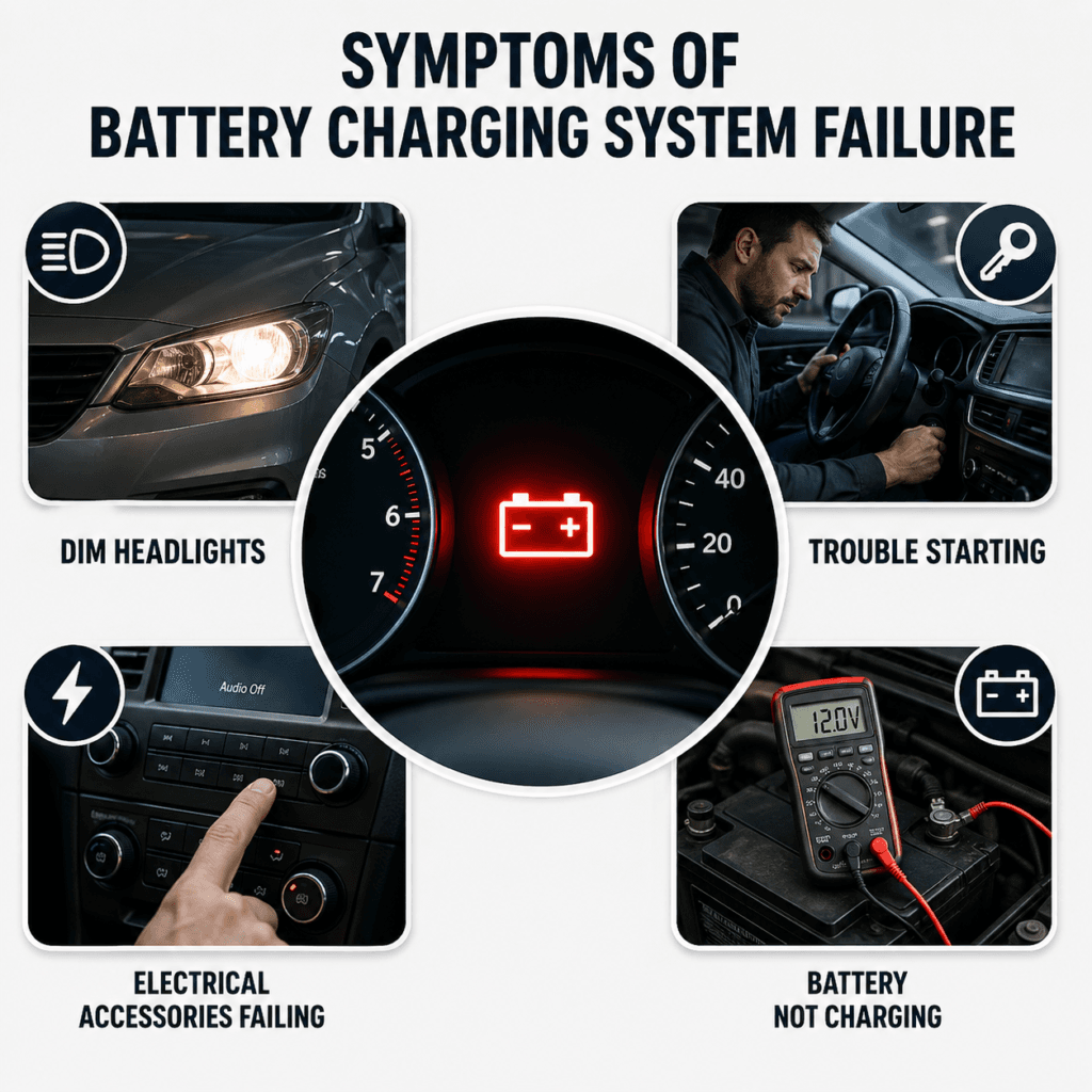 Symptoms of battery charging system failure showing dashboard warning light, dim headlights, trouble starting, failing electrical accessories, and battery not charging.